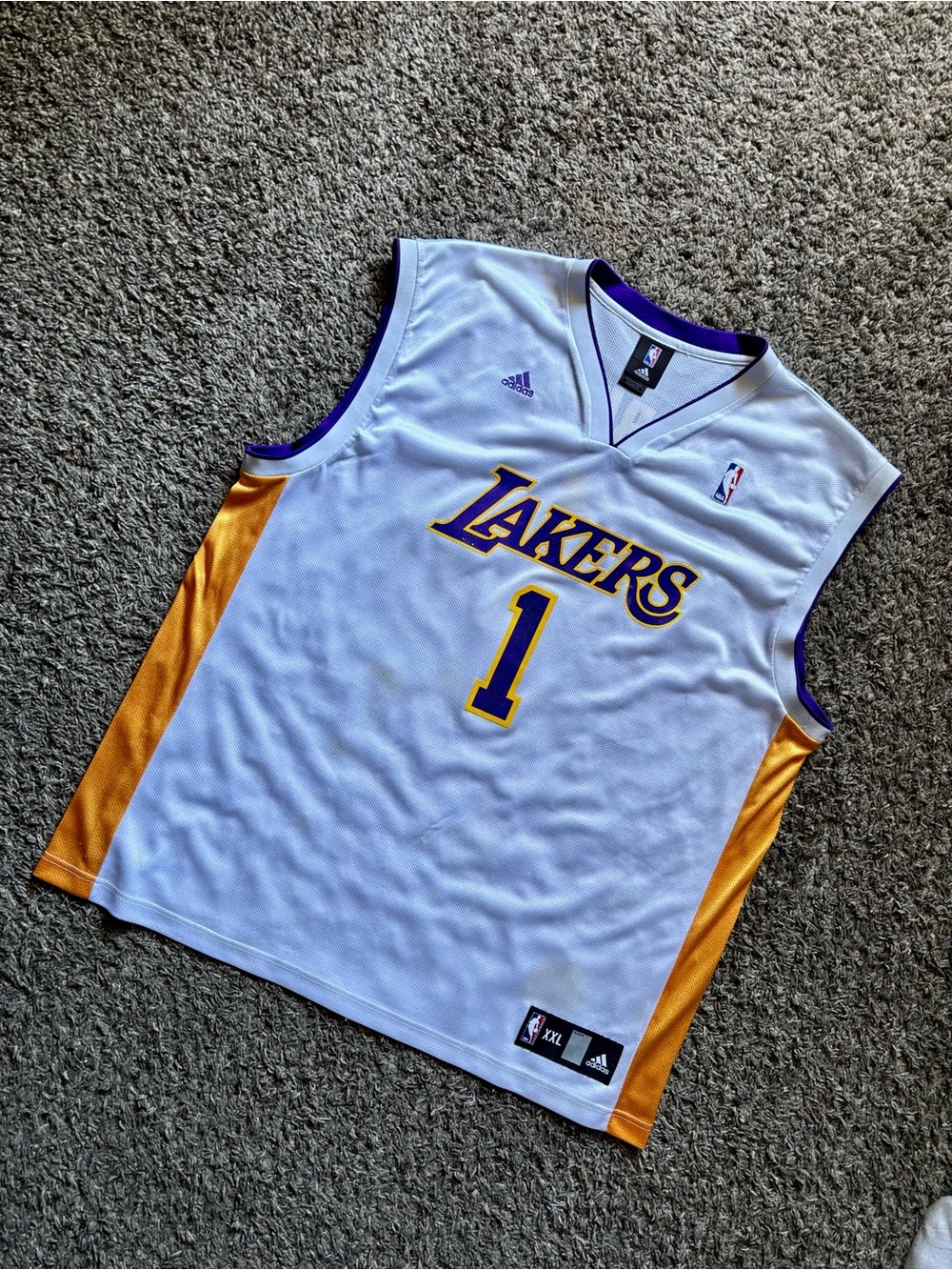 Adidas Los Angeles Lakers White, Gold & Purple #1 Basketball Jersey Y2k